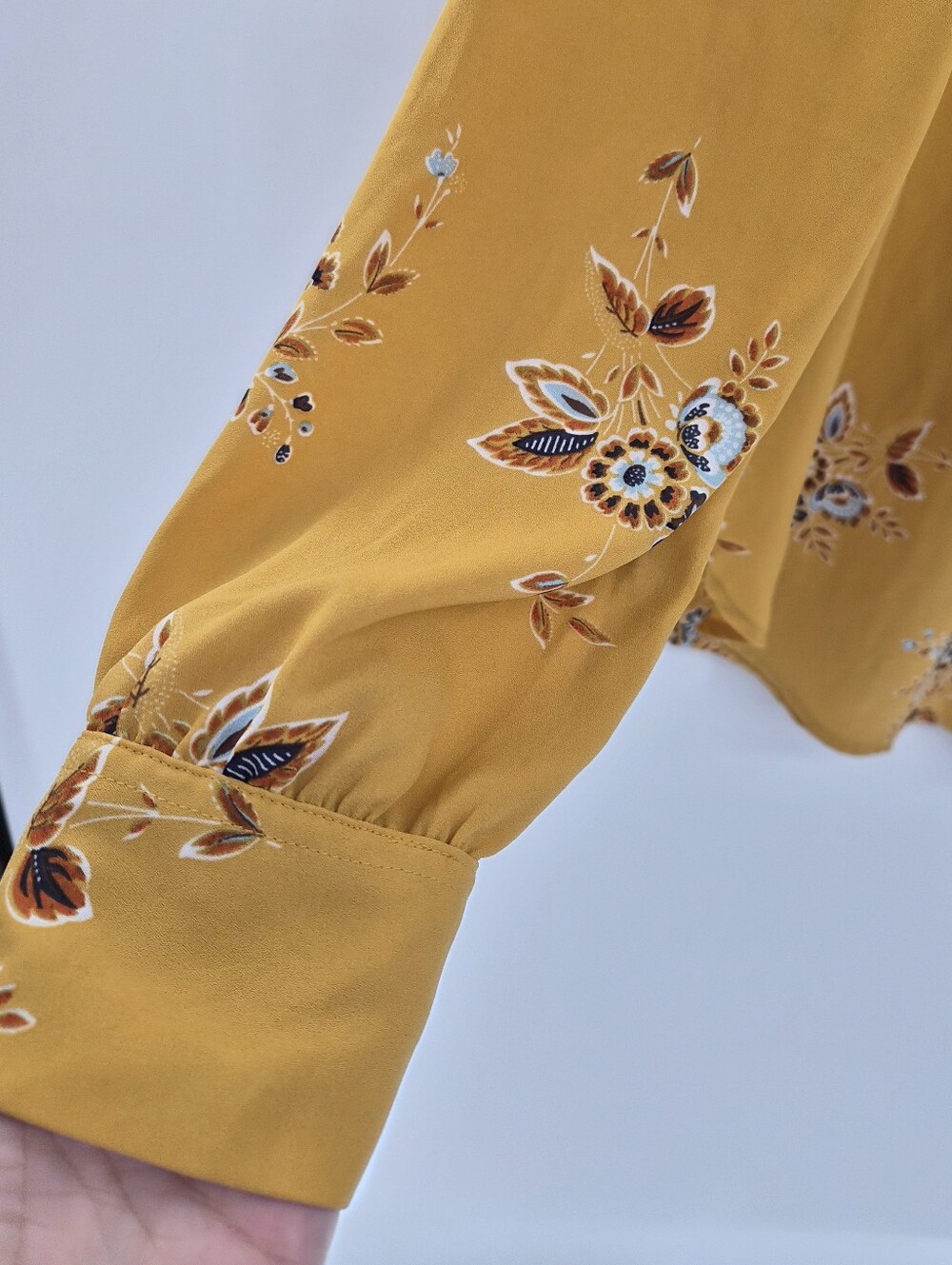 LOFT Mustard Floral Blouse L Boho Cottagecore Romantic Long Sleeve Peasant Top - Picture 5 of 11